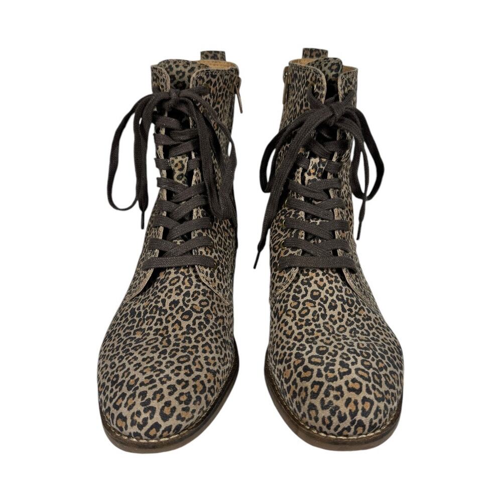 Lucky Brand Leopard Hestawn Lace Up Combat Moto Boots 8 Brown Leather Cheetah - Picture 2 of 8